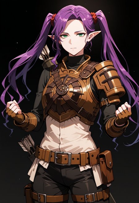 masterpiece, best quality, highly detailed, ultra-realistic, score_9, score_8_up, score_7_up, score_6_up,
1woman, solo, sporty female, mature girl, big woman, warrior women,  Imina, slim, elf, twintails, long face, nice skin, long hair, purple hair, green eyes, looking at viewer,
aesthetic, pauldron, light armor, brown leather armor, fingerless gloves, circle breastplate, quiver, black turtleneck, red scrunchies, belt, pouch, black pants, hip belts, classy, elegant, stylish,
tall woman, nice hips, detailed eyes, detailed face, empty hands, (hands up, action pose),
fit, toned, stands proudly, outdoors, (black background:1.2), <lora:Imina_Overlord:1.4>