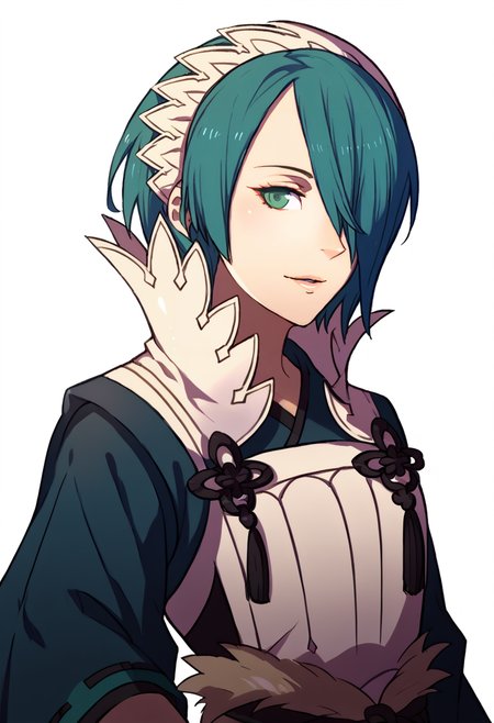 score_9, score_8_up, score_7_up, source_anime, 1girl, solo, <lora:zs_FE3HPortraitsXL:1> fe3hportraits, upper body, white background, looking at viewer, 
BREAK parted lips, light smile, <lora:SetsunaFE-pdxl:1> defSet, short hair, white hairband, hair over one eye, japanese clothes, high collar, long sleeves, fur-trimmed sash