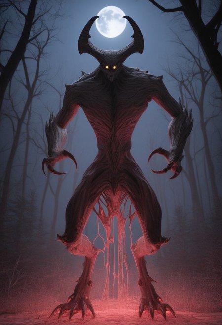 1Demon, tall, slender, claws, sharp teeth, yellow eyes, grey skin, tattered clothing, hunched over, night time, red and blue sky, waning moon, dead trees, forest, R3dHall0w33n 
BREAK
HD, g0thicPXL, glowing, neon, insane detail, indoors, 4k, full body in frame, masterpiece, highres, high quality, best quality, ultra high quality, uhd, attention to detail, depth of field