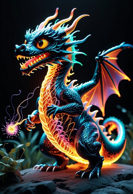 Score_9, score_8_up, score_7_up, high quality, 4k, 8k, extremely detailed, dragon in landscape made out of tiny neon glass filaments, rendered in stunning detail by Andrei Kolkoutine. big, round eyes, adorable expression. fire, explosions, funny theme, witty, Humor and wit, Aesthetic appeal, Engagement sparks