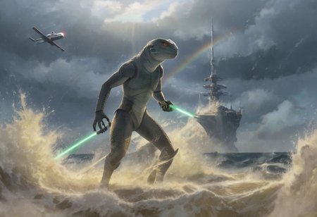 a (solo:1.5) black white (lizard:1.5) in (star wars armor:1.5)  sword on belt  (cockpit instruments view:1.5) driving star-wars style spaceship over (ocean:0.5) (waves:0.5), in the middle of sea, many meteors,
dawn, heavy rain, wind, windy, typhoon, hurricane, tropical storm, fog, mountain, sky, cloud, deluge, rainforest, 
(anime:1.5) , anime screencap in mnst artstyle, full body character portrait landscape
