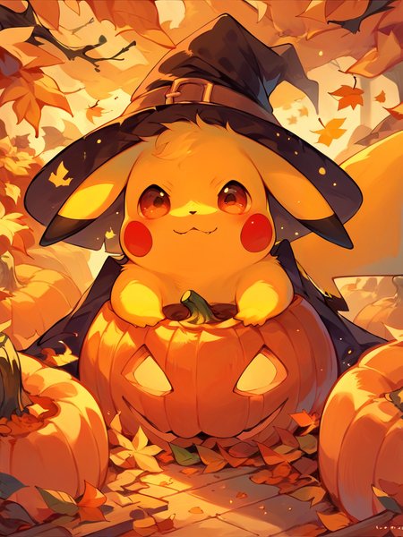 score_9, score_8_up, score_7_up, score_6_up, score_5_up,   <lora:halloweenpokemonXLP:1> halloween pokemon, no humans, pokemon (creature), halloween, jack-o'-lantern, witch hat, autumn leaves, pikachu,