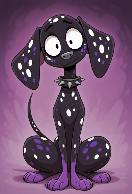 sunib3, SB, SB, masterpiece, best quality, amazing quality, Dante(101), solo, 1boy, dalmatian, dalmatian dog, feral, dog, dalmatian, black fur, white spots, purple spots, purple paws, gray nose, baggy eyes, spiked collar, full body, head tilt, snout, looking at viewer, bored expression,