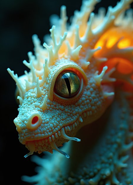 Extreme close-up of a surreal aquatic creature, reminiscent of a dragon or alien life form. Dominating the frame is a large, round eye with a vertical slit pupil, surrounded by pale, textured skin. The eye gleams with intelligence and otherworldly depth. Surrounding the eye, intricate patterns of scale-like structures transition from pale green to vibrant orange and yellow.   The creature's head is adorned with delicate, translucent tendrils that resemble fine coral or sea anemone tentacles, creating a halo effect. These filaments appear both solid and fluid, with a bioluminescent quality. The skin texture varies from smooth around the eye to increasingly complex and layered moving outward, with visible pores, ridges, and bumps.  The lower jaw shows hints of sharp, hook-like protrusions, suggesting a predatory nature. Beneath the jaw, the body becomes more reptilian, with larger, more defined scales in shades of teal and turquoise.  The lighting creates a dramatic contrast, with the creature seemingly glowing from within, especially in the orange areas. The background is a deep, rich black, emphasizing the creature's alien and bioluminescent qualities.  The overall effect is a hyper-detailed, macro photograph that blends reality and fantasy, evoking both the depths of the ocean and the far reaches of outer space.
