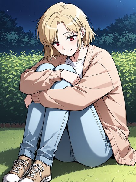 <lora:Omniscient_Readers_Viewpoint__Shin_Yoosung:1>
1girl, solo, short hair, blonde hair, soft expression, light skin, red eyes, 
light brown cardigan, white t-shirt, light blue jeans, casual sneakers, casual outfit, long sleeves, rolled cuffs,
score_9, score_8_up, score_7_up, very aesthetic, source_anime, detailed, high quality, beautiful, detailed eyes, masterpiece, best quality, absurdres, perfect anatomy, 1girl, solo, hugging your own legs, sitting, garden background, charming smile, night