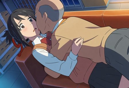 {1boy bald, tall, black eyes, shaved head, collared shirt, long sleeve, white shirt, gray pants}, BREAK, hug, hugging breasts, hug chest, lying on red couch, missionary sex, licking girl's neck, mitsuha miyamizu, black hair, brown eyes, worried eyes, open mouth, 
short hair, bow, ribbon, hair bun, school uniform, hair ribbon, bowtie, red ribbon, sweater vest, light brown sweater, shirt, white shirt, collared shirt, long sleeves, skirt, black skirt, pleated skirt, 
indoors, storage room, boxes, walls, night, table,  curtains,  lying on red couch, overhead angle shot,