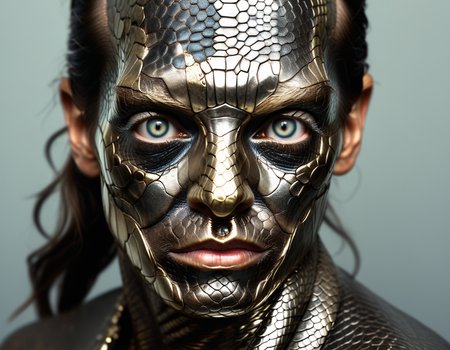 	portrait iron skin, snake skin
metal eyes