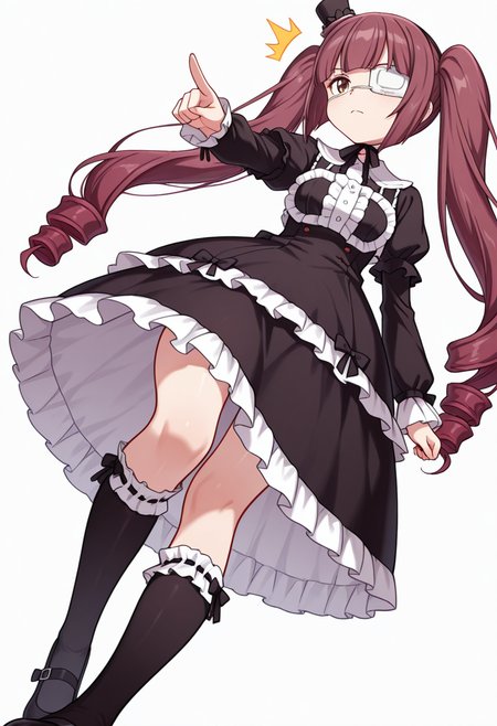Smooth Quality,masterpiece,very intricate, high quality details, ultra realistic, high detailed skin,detailed enviorement,absurdres,
pointing forward,
 <lora:Hanazono_Yurine_CNR:0.8> yurine_cnr, brown hair,very long hair, brown eyes, medical eyepatch, frown, twintails, drill hair, 
yurine_def_cnr, 1girl, gothic fashion, black dress, frilled dress, long sleeves, mini top hat, black socks, kneehighs, shoes, mary janes, ribbon-trimmed legwear,, simple background, white background, from below,solo,, ^^^,