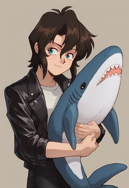 score_9, score_8_up, score_7_up,
BREAK
hugging, shark, stuffed shark
BREAK
gnsmth, rally, leather jacket, tshirt, pencil skirt, black leather miniskirt,