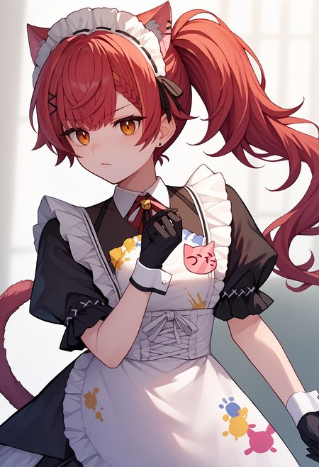 score_9, score_8_up, score_7_up, score_6_up, nekota3rd, long hair, braid, side ponytail, maid headdress, animal ears, frills, black dress, neck ribbon, white apron, maid apron, frilled apron, puffy short sleeves, wrist cuffs, black gloves, cat tail<lora:vspo_nekotatsuna_ponyXL:1>  source_anime, arms at her side, confident
