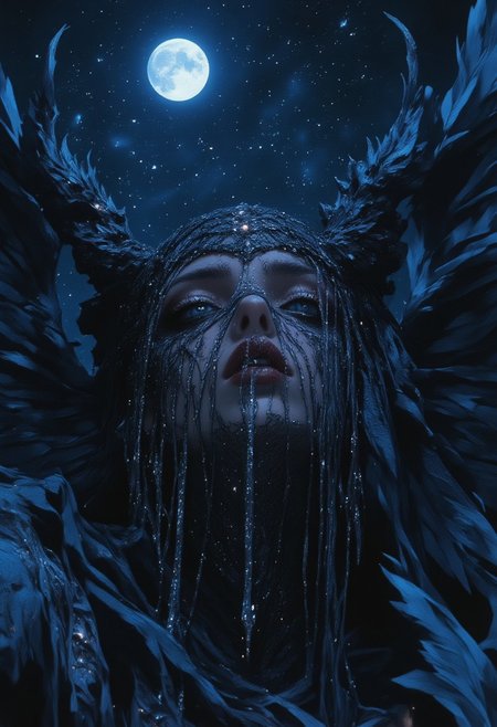 This artwork is titled "Moonlit Enchantress", it captures the ethereal and mystical essence of the woman's appearance, with the veil and dark feathers evoking a sense of lunar magic, veiled face, mythp0rt, midjourney_whisper_avant_couture