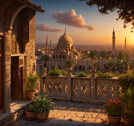 RAW photo, (masterpiece:1.3), subsurface scattering, heavy shadow, (high quality:1.4), (intricate, high detail:1.2), professional photography, HDR, High Dynamic Range, realistic, ultra realistic, photorealistic, high resolution, film photography, ambient lighting, atmospheric effects, <lora:detail_slider_v4:2>, OverallDetail,   <lora:Arabian_Town:1>, artow,6+boys, architecture, artow, building, castle, city, cloud, day, no humans, outdoors, palm tree, plant, potted plant, scenery, sky, sunset, traditional media, tree, epiCPhoto