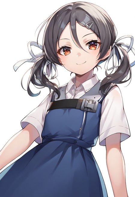 score_9, score_8_up, score_7_up, source_anime, inagi (kancolle), 1girl, solo, hairclip, ribbon, twintails, looking at viewer, hair ribbon, dress, shirt, smile