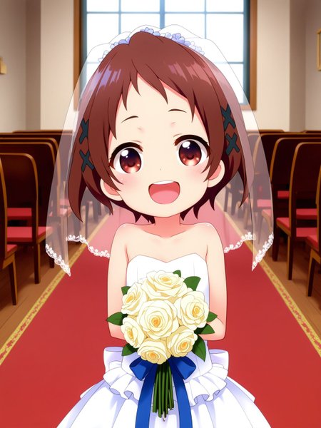 general,best quality, highres, hyper extreme detailed, super fine illustration, ultra-detailed, finely detail, highres, 8k wallpaper,perfect hands, perfect anatomy, detailed face,indoors,church, BREAK
1girl,solo,smile,long hem wedding dress,bridal veil,holding white bouquet, cowboy shot,open mouth,happy,looking at viewer,shortstack,flat chest,child,(skinny:1.2), <lora:illustriousXL Mizukoshi Mio V2:1> mizukbse, x hair ornament,  <lora:r0tary_eng1ne:1.2> r0tary_eng1ne