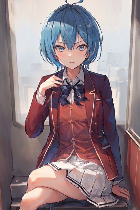 masterpiece, best quality, highres, 1girl ibuki mio short hair blue hair, white skirt red jacket open jacket <lora:ibuki_mio:1> sitting, (crossed legs : 1.2)