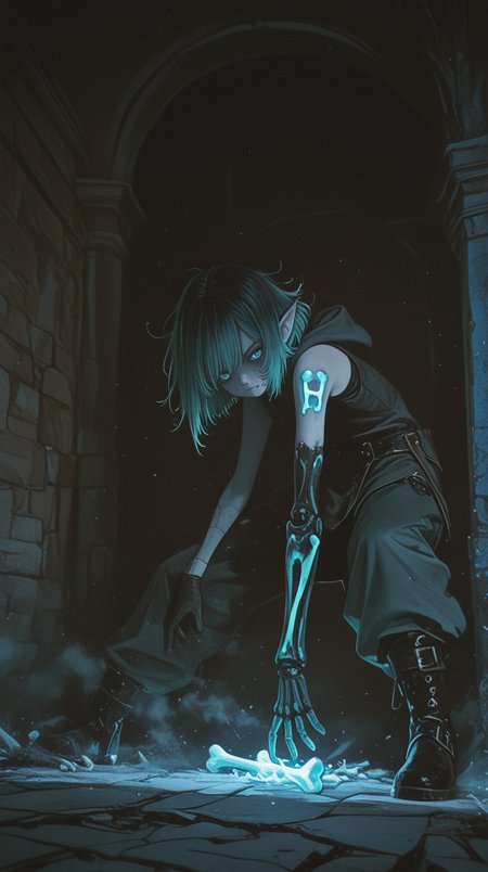 sidelighting, 1boy, solo, elf, ranger, ranger, pale_skin, pale blue_eyes, thick winter thief clothes, messy_hair, sparse_hair, short_hair, black_hair, (glowing_eyes:0.8), furr_boots, fantasy, frost magic, (dark rotten flesh on cheek:1.1), nose, (bone made arm prosthesis:1.2), leather_gloves, dungeons_and_dragons, sidelighting, hood_down, angry,  furr, clouds, fog, (frost magic:0.8), traditional media,  aosiai123_illu, dynamic_pose, casting_spell, indoors, dungeon, kamehameha, face_focus, good quality, Analog Film photography, using a vibrant color scheme, with cinematic lighting, conveying a peaceful mood, with a peaceful ambiance
from side view
- one woman, legs hanging off edge, examining something, with a petite build, with pale skin, teal hair, faux hawk haircut, wearing a tank top, with palazzo pants
in a natural scene, located in magician's tower, during the morning, with windy conditions, RANDOM, masterpiece, best quality, good quality
