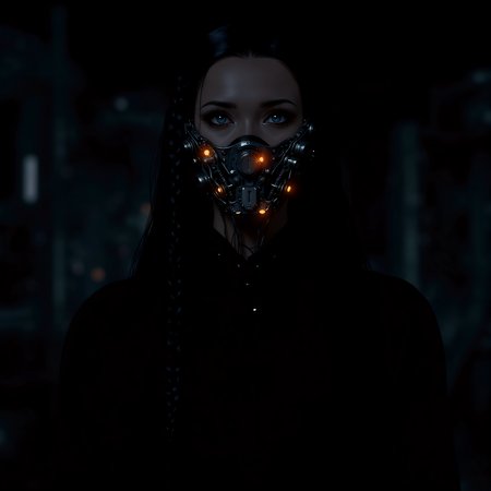 Create a detailed and realistic illustration of a futuristic, cybernetic woman with a strong, mechanical appearance. Her face is adorned with intricate metal and cybernetic components, including glowing orange lights and mechanical bolts. Her hair is long and braided, with strands of metal and wires visible. The background should be a dark, industrial setting with blurred lights and structures, giving a sense of a futuristic, sci-fi environment. The overall style should be dark and dramatic, with a focus on the intricate details of the cybernetic components.   <lora:artist/style_of_H._R._Giger_FLUX_295-000006:0.7>, style of H. R. Giger, <lora:scifi/dvr-transformers-flux:0.4>,  <lora:scifi/moxiePunk_v20.safetensors:1.0>,
