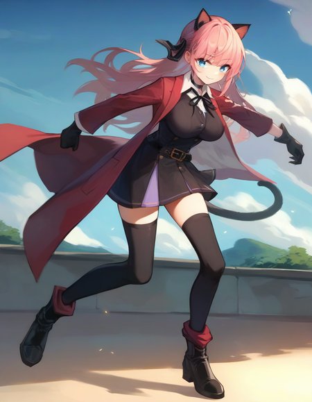 score_9,score_8_up,score_7_up,score_6_up BREAK official art,solo,outdoors,smile,fighting stance,cowboy shot,looking at viewer,facing viewer,Vivi,cat ears,long hair,pink hair,hair ribbon,black ribbon,sidelocks,bangs,blue eyes,choker,red coat,black dress,collared shirt,white shirt,shirt under dress,neck ribbon,white button,long sleeves,black gloves,large breasts,black belt,black thighhighs,zettai ryouiki,boots,black footwear,<lora:Vivi(v atmi)-Pony:1.4>,<lora:Smooth Anime Style LoRA XL:0.8>,