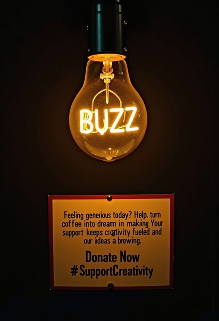 a lightbulb, the filament forms the word "BUZZ".
Dim environment, 
the lightbulb illuminates a sign with the text:
"Feeling generous today? Help us turn coffee into dreams by making a donation! Your support keeps our creativity fueled and our ideas brewing. Donate Now #SupportCreativity"