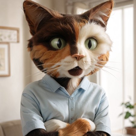 score_9, score_8, score_7, RosaTH, cat, whiskers, calico, furry, female, animal focus, collared shirt, shorts, animal, cat, whiskers, upper body, indoors, crossed arms,((cat tail)), ((half body))