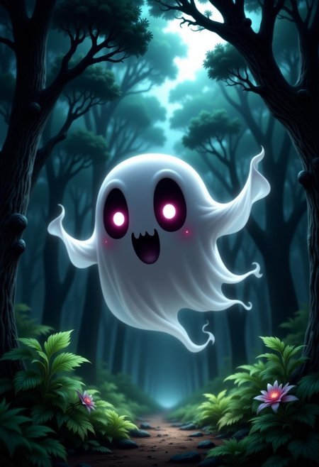 cute chibi ghost with huge eyes flyling through a dark forrest