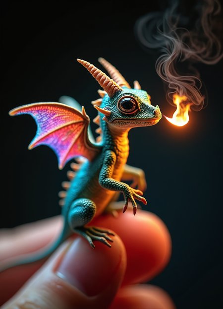 Miniature dragon perched on fingertip, hyper-realistic 3D render. Vibrant iridescent scales, rainbow-colored wings. Spiky crest, sharp claws. Breathing tiny flame. Wide-eyed expression, mouth open. Detailed texture, lizard-like features. Dark background, dramatic lighting. Fantasy creature, macro photography style