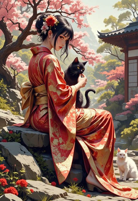intricate linework with expressive contrasts, soft lighting with dynamic highlights, Impressionistic, ligne claire outlines for clarity and structure, In the style of ff-td, image of a Japanese woman in a silk red and gold kimono, long hair, bangs, sakura flower in her hair, sitting in a formal Japanese garden, holding a black cat, with a white cat at her ankles, turning her head to look back at the viewer