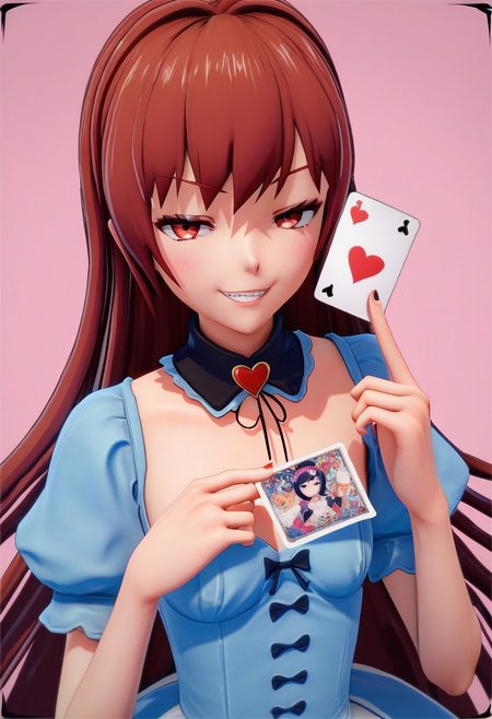 score_9, score_8_up, score_7_up, 1girl, alice in wonderland style, blue dress, detached collar, Queen of Hearts, holding card, smug grin, 3d \(artwork\), Ami Arakawa