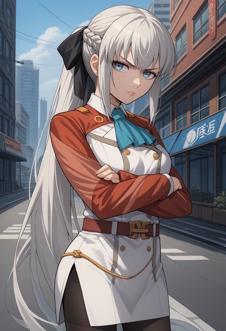 score_9, score_8, score_7_up, source_anime, solo, 1girl, m0rganst2, unamused, looking at you, standing, crossed arms, grey hair, ponytail, french braid, hair bow, black bow, ascot, uniform, long sleeves, red sleeves, white dress, pencil skirt, belt, pantyhose, outdoors, city
<segment:yolo-face_yolov8m.pt,0.4,0.5//cid=1>