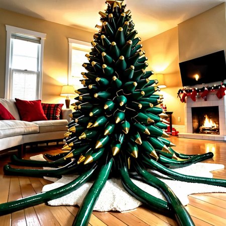ASCIIjoyful happy christmas style, wide angle, big ((messy stack of entangled thick dark green tentacle)), thick tentacles crawling on the rug, ((tall)) (pile of thick tentacles in the rough (shape of a christmas tree)), (tiny) gold metal star on top,  well lit, candle lights, in the middle of a living room, on a white rug on a hardwood floor, wrapped gifts on the floor, crawling green tentacles on the floor, hyperrealistic, ultra realistic, 8k, fireplace