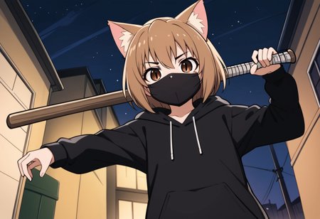 Aisaka_Taiga, 1girl, solo, flat chest, brown_eyes, catgirl, hoodie, from below, no mouth, no nose, baseball bat, black mask, face mask, black hoodie, street, night