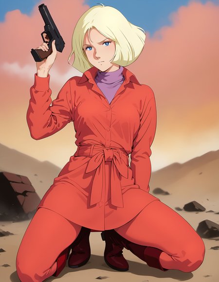 (score_9:0.0), score_8_up, score_7_up, source_photo, hd, highres, photography, Realistic
BREAK
1girl, solo,
red dress shirt, long sleeves, grayish-purple turtleneck, waist bow, red leggings, red knee boots,
serious, on one knee, hand on ground, leaning forward,
holding handgun,
battlefield, grasslands, blue sky, debris,
full body,
<lora:XL_DK_sayla20240923b_pony_Prodigy:1> dk_sayla, 1980s \(style\), parody