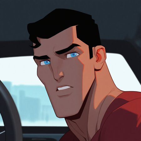 <lora:SUPERMAN_UNBOUND:1>superman_unbound, solo, looking at viewer, short hair, blue eyes, shirt, black hair, 1boy, male focus, parted lips, teeth, dark skin, from side, looking to the side, thick eyebrows, dark-skinned male, portrait, red shirt, motor vehicle, close-up, meme, sideburns, car, official style, car interior, steering wheel, detailed background, motion blur, film grain, abstract, natural lighting, fantasy, cinematic, dynamic view, tilted angle, very awa, masterpiece, best quality, absurdres, newest, perfect quality, detailed background, intricate details,  (artist:fl \(l-fl\):0.7), (artist:tooboshoo:0.7), (artist:dizdoodz:0.8)