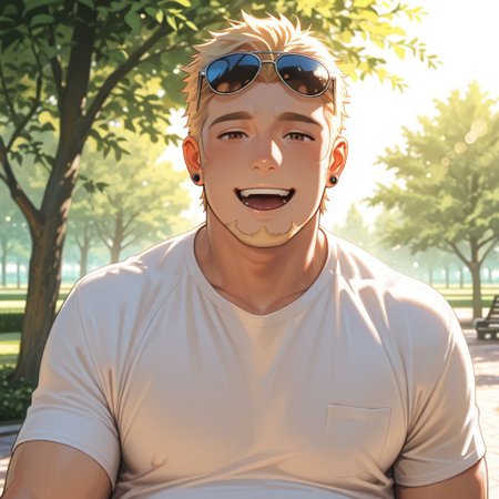 masterpiece, best quality, amazing quality, absurdres, newest, detailed background, definition so sharp, Ultra-HD, 8K cinematic, very awa, impressionate, amazing quality, highres, 
solo, male focus, manly, 
1boy, short hair, goatee, chubby, rikio_blonde, rikio_brown eyes, rikiokamamoto, sunglasses \(on head\), earrings, sideburns, simple t-shirt, bright lighting, park, sunny day, soft bokeh, gentle, kind eyes, inviting, friendly, joyful, looking at viewer, open mouth smile,