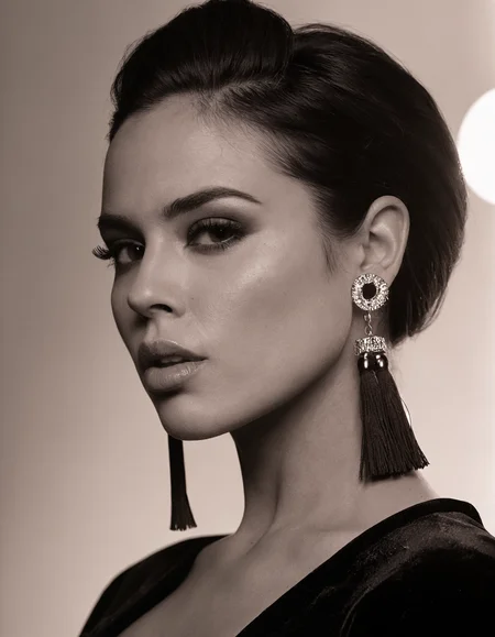 Studio Glam: Black Velvet., 
Perfect bouffant, matte lips. Camera: Hasselblad X2D + 90mm f/3.2, ISO 50, f/4.0, 1/125s. Lighting: golden reflectors. Details: velvet background, tassel earrings. Style: B&W High Key + cheekbone highlights. Emotion: authoritative confidence.