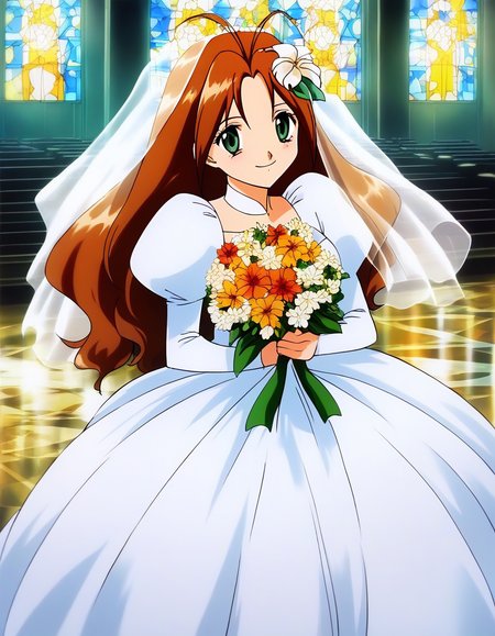 score_9, score_8_up, score_7_up, source_anime, rating_explicit, BREAK <lora:Tanima_Yuri_XL:1>Tanima_Yuri, 1girl, solo, long hair, brown hair, green eyes, antenna hair, breasts, 1990s (style), anime coloring, smile,
 solo, flower, wedding dress, church, flower, bouquet, church, Stained glass,holylight,
hair flower, hair ornament, smile, puffy sleeves, long sleeves, light blue dress, wedding dress, juliet sleeves, bridal veil, bow,