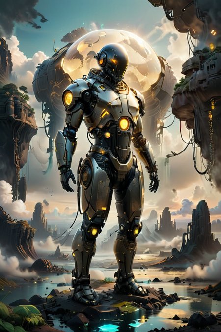 photorealistic, detailed digital illustration of a <lora:UraniumTechAI:0.7> uraniumtech cyborg, <lora:Faceless_Cyborgs:0.7> noface, cyborg, at a Floating islands amid ethereal clouds,  <lora:xl_more_art-full_v1:0.4>,  Golden hour , <lora:Arcane_Ruins_XL:0.7> arcane ruins