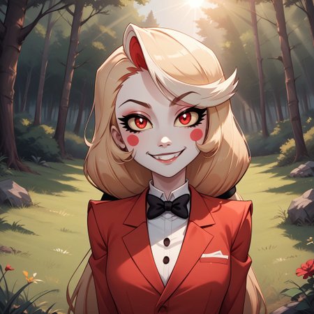score_9, score_8, BREAK, solo, charlie from hazbin hotel, red eyes with yellow sclera, bleach white skin, rosey cheeks, golden hair, slender body, red business suit, sexy pose, self portrait, smile, outdoors, sunlight, shadows, evening lighting, natural lighting, forest, trees, grass, orange sky, sunset