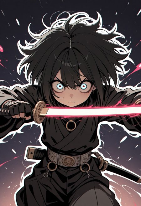 gothic_glittercore, masterpiece,best quality,amazing quality, 1man, male space samurai, black hair, big eyes, movement, sword fight, , o-ring,
 white outline glow, chromatic aberration, high res image,