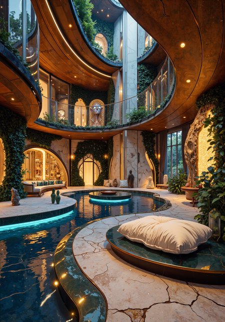 A lavish hybrid interior of a mid-sized house, where futuristic panels meld with organic wood textures and fantasy crystal accents. Sleek sci-fi glass surfaces interlace with natural stone, exuding an eco-friendly charm. Ethereal lighting infuses warm glows over plush, luminescent cushions and artisan-crafted sculptures. Intricate mosaics and radiant ambient occlusion create a mystical balance, while surreal foliage walls and delicate metallic details evoke an alien, otherworldly ambiance. The spatial composition, masterfully arranged, reflects innovative decor with cozy nooks and expansive vistas. Glimmering accents, layered textures, and refined technical precision define this 8k masterpiece interior, blending enchanted natural realism with visionary sci-fi aesthetics in an immersive sanctuary of timeless creative energy. <lora:RM_Animefy_v1.0M:0.3> <lora:reedy-art-style:0.2> <lora:ArtNouveau2Flux:0.4> <lora:RM_JamesJean_v0.5:0.4> <lora:flux_dev:1>