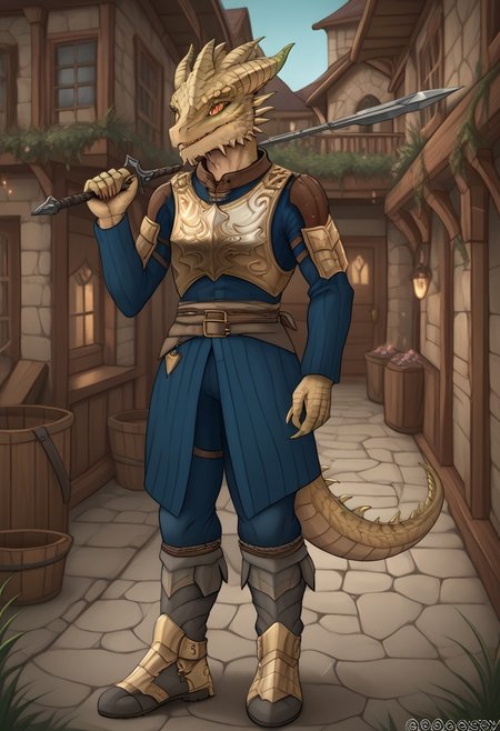 <lora:Xpray_-_Style:0.8> xpray (artist) BREAK,  hetero, interspecies, (duo:1.2)
  <lora:Exxvikyap_BG3-000001:1> exxvikyap, anthro dragonborn, gold_scales,  large breast,  armor,  wielding spear,  village,  full body, <lora:Pony_QualityV4.0:1.12> zPDXLxxx, zPDXLrl, zPDXL3, <lora:Bing-based_FurScale_Enhancer:0.6>