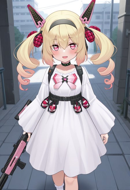 ikinone_tomeru, blonde hair, twintails, hairband, multicolored hair, black hairband, hair ribbon, pink eyes, long hair, gradient hair, headgear, hair between eyes ,drill hair, mechanical ears, 
choker, white dress,ong sleeves, grenade, bow, ribbon, official alternate costume, white socks, no shoes,
holding weapon, 
 <lora:ikinone_tomeru_Illustrious-XL_2.0_v1:1>, IllusP0s,masterpiece, best quality, amazing quality, very aesthetic, absurdres, newest
solo,1girl,, standing, (dynamic pose) , blush,
looking at viewer,cowboy shot,open mouth,light smile, 
(outdoors,  )