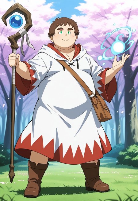 male, male focus, 1boy, solo, 
BREAK chubby, masculine, large pectorals, moobs, broad shoulders, showing off chubby body, cherubic, bara, 
BREAK fat, plump, fat face, round face, smiling and showing off chubby body,
BREAK brown hair, green eyes,
BREAK v-neck white mage robe with hood down,  
BREAK brown boots, brown shoulder bag, holding a staff, 
BREAK golden magic, magic swirling around feet, wind_lift, 
BREAK standing, dynamic pose, casting magic stance, Expressive, cherry blossoms falling around character, forest background, standing on grass, 
BREAK cinematic shot, masterpiece hi res, best quality, very detailed, highly detailed texture, score_9, score_8_up, score_7_up, score_6_up, anime coloring, detailed anime shading, eyeshd, anime eyes, anime hair,