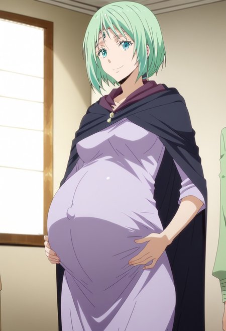 score_9, score_8, score_7,
bedroom,  
happy, smile, hands on belly,
(large pregnant belly:1.2), (round belly:1.2), (pregnant bump:1.2) 
slimes_mjur, mjurran,green hair,short hair,shiny hair,circlet,
purple dress, cloak,robe,
(covered belly:1.5), (pregnancy clothes:1.5)
(cowboy shoot:2.5),
<lora:Slime:1>