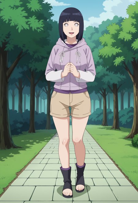 score_9, score_8_up, score_7_up, source_anime,anime screencap,anime coloring,intricate details,masterpiece,
uncensored,
mature female,
hinata, black hair, 1girl, short hair, large breasts, bangs, blunt bangs,white eyes,no pupils,
hoodie,long sleeves,jacket,purple jacket,hood down,layered sleeves,short over long sleeves,white shirt,beige shorts,toeless footwear, 
open mouth, 
smile,looking at viewer,
perfect anatomy,
scenery,outdoors, east asian architecture, forest,
<lora:Hinata Boruto:0.9>