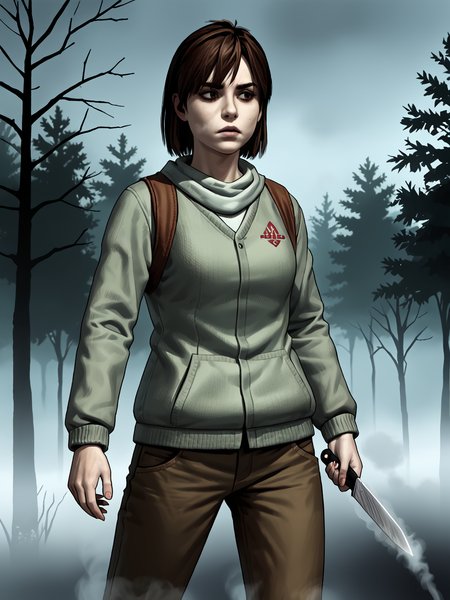 outdoors, source_3d, score_7_up,  <lora:angelast:0.89> (sh2angela:0.9), brown hair, fog, thick fog, mist
holding knife, asymmetrical, one knife