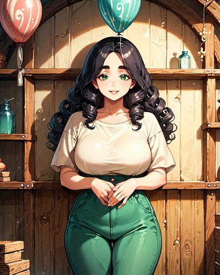 score_9, score_8_up, score_7_up, score_6_up, source_anime, rating_safe, ah1, 1girl, (curly hair), long hair, (black hair), mature female, (parted hair:1.7), (round face), (no_bangs:1.3), (no_fringe:1.6), looking at viewer, (thick eyebrows), (curvy), round-chin, (dark olive green eyes), caucasian, down-turned eyes, <lora:ETO_OCPonyXL:0.5> eto_oc, skindentation, thick thighs, wide hips, petite, busty, voluptuous,  kinky curls, puckered lips, bad-hands-5, (a romantic kiss on a hot air balloon ride over a scenic forest), (blanchedalmond Shredded tai chi pants with frays), (in convent Sacristy, Reverent chamber housing ornate vestments on wooden racks, shelves of sacred vessels gleaming in the candlelight, a large crucifix resting against the wall, a marble basin for ceremonial washing, and the scent of incense lingering in the air), (smiling),