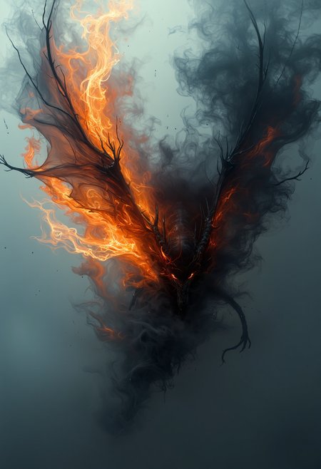 a dipiction of a fire bat, (disintegrating and dissolving into fog and smoke:1.9), (blending form with reality:1.9). Framed in thick volumetric fog. diffused light, delicatly, whispering, eye catching masterpiece artwork. drifting fog, cracked light and scattering smoke in a dreamlike reality