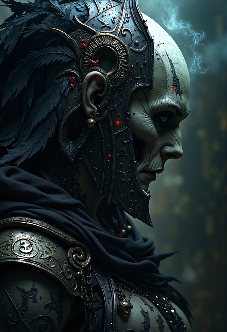 Masterpiece, 8k, HDR, best quality, photography, analog film, real life, extremely beautiful, highly detailed, intricately detailed, dramatic. (famous artwork by Ingrid Baars and Eric Lacombe:2), (undead warrior:1.5), dead pale skin, blind, cloudy pupil, ornate war helmet, dead eyes, ancient rune tattoos, black disheveled feather decoration, suffering, dark hell forge background, hyperdetailed photography, masterpiece, best quality, high quality, highres, ultra-detailed, best quality, 8K, high resolution, extreme detail, outstanding composition:1.4, professional photo 85mm lens for elegant body lines and fine skin detail with sharp subject, (dramatic backlighting:1.4), eerie fog, dark shadows, soft glowing highlights, haunting contrast, mystical aura, high contrast, ominous mood, deep blue and dark red tones, glowing runes in the dark, ethereal mist swirling around, underlit face with harsh shadows on the helmet  <lora:FluxMythP0rtr4itStyle.safetensors:1.0>, mythp0rt <lora:DnDDarkestFantasy.safetensors:1.0>, ArsMJStyle, dnddarkestfantasy <lora:aidmaMJ6.1-FLUX-V0.1.safetensors:1.0>, midjourneyv6.1 <lora:- Flux1 - vanta_black_V1.0.safetensors:1.0>,