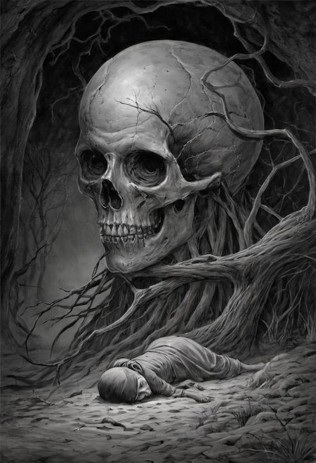 Along the margin-sand large foot-marks went, No further than to where his feet had stray'd, And slept there since Upon the sodden ground, His old right hand lay nerveless listless dead, Unsceptred and his realmless eyes were closed, While his bow'd head seem'd list'ning to the Earth, His ancient mother for some comfort yet, dark art, dim light, somber, dramatic, high quality, detailed